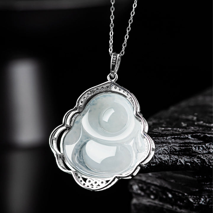 Buddha Stones 925 Sterling Silver Laughing Buddha Natural Jade Abundance Necklace Pendant