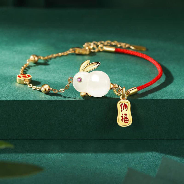 Buddha Stones Year of the Rabbit White Jade Happiness Red String Chain Bracelet