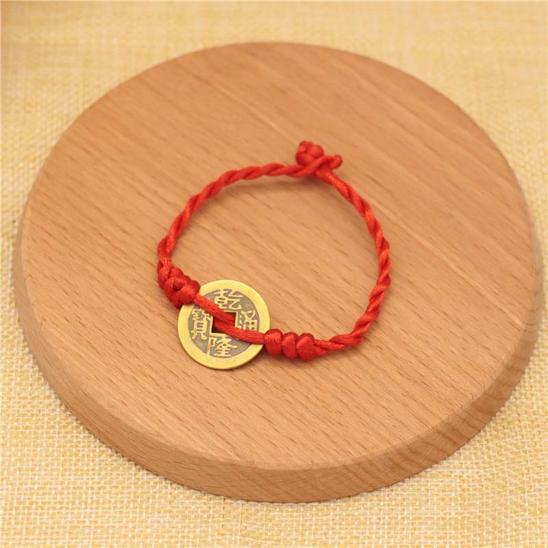 Buddha Stones Copper Coin Fortune Red String Weave Bracelet