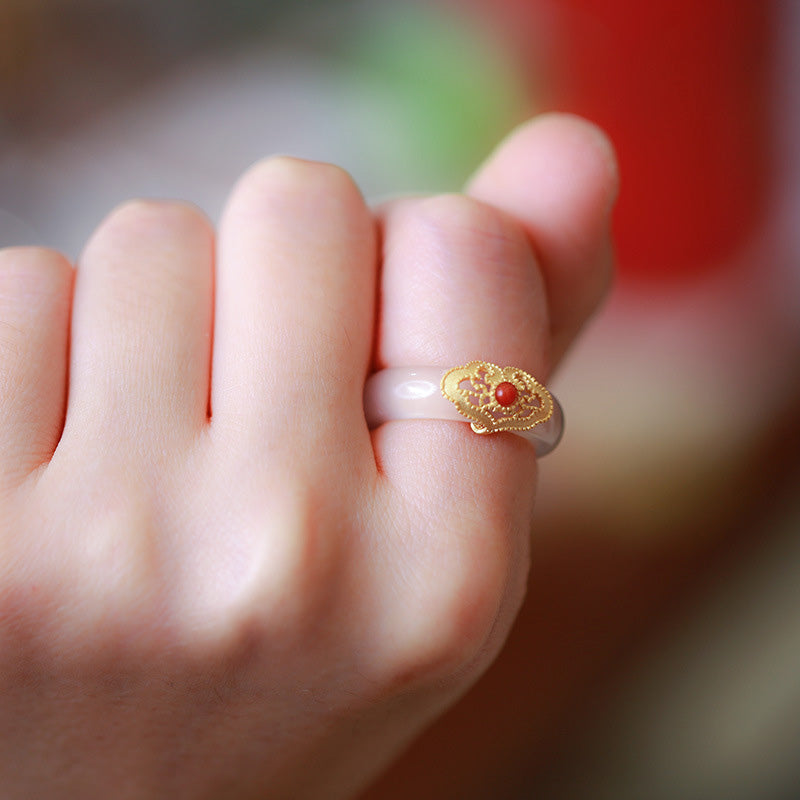 Buddha Stones White Agate Cyan Jade Turquoise Red Agate Luck Protection Ring