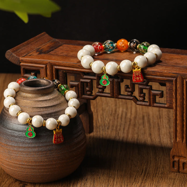 Buddha Stones Tibetan Incense Ash Porcelain Luminous Fluorescent Liuli Glass Bead Gourd Copper Coin Charm Peace Bracelet