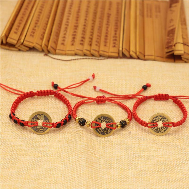 Buddha Stones Copper Coin Fortune Red String Weave Bracelet