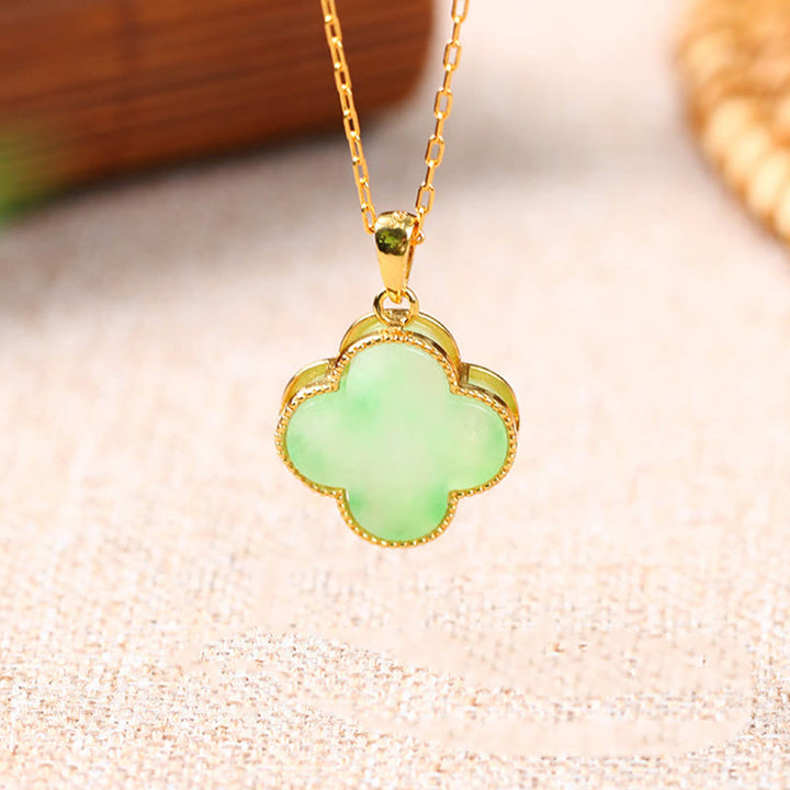 Buddha Stones Four Leaf Clover Jade Pattern Luck Necklace Pendant