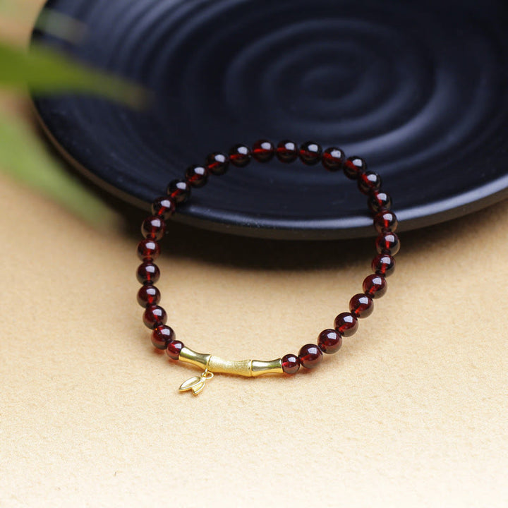 Buddha Stones 14K Copper Plated Gold 925 Sterling Silver Plated Gold Natural Garnet Bamboo Protection Bracelet