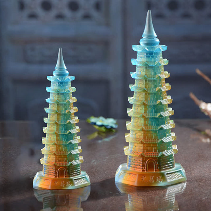 Feng Shui Wenchang Tower Handmade Liuli Crystal Pagoda Art Piece Luck Home Office Decoration