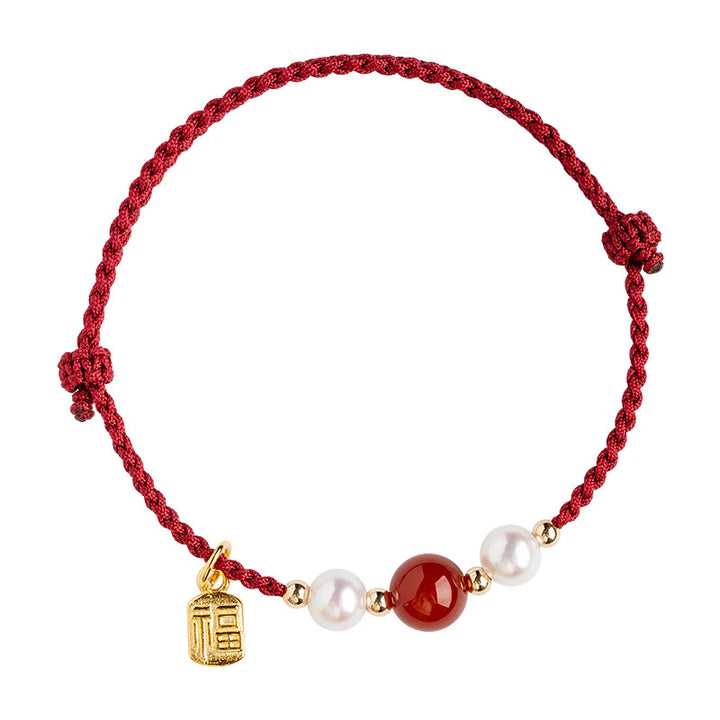 Buddha Stones 925 Sterling Silver Good Fortune Fu Character Agate Pearl Red String Braid Bracelet