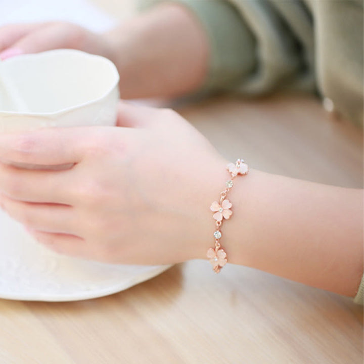 Buddha Stones Pink Crystal Four Leaf Clover Love Chain Bracelet