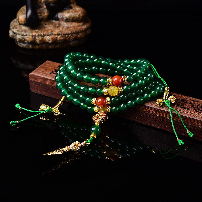 Buddha Stones 108 Beads Natural Green Agate Success Bracelet Mala