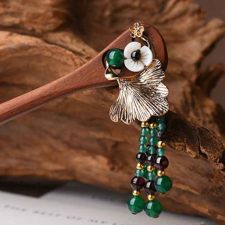 Red Sandalwood Green Agate Ginkgo Leaf Protection Hairpin