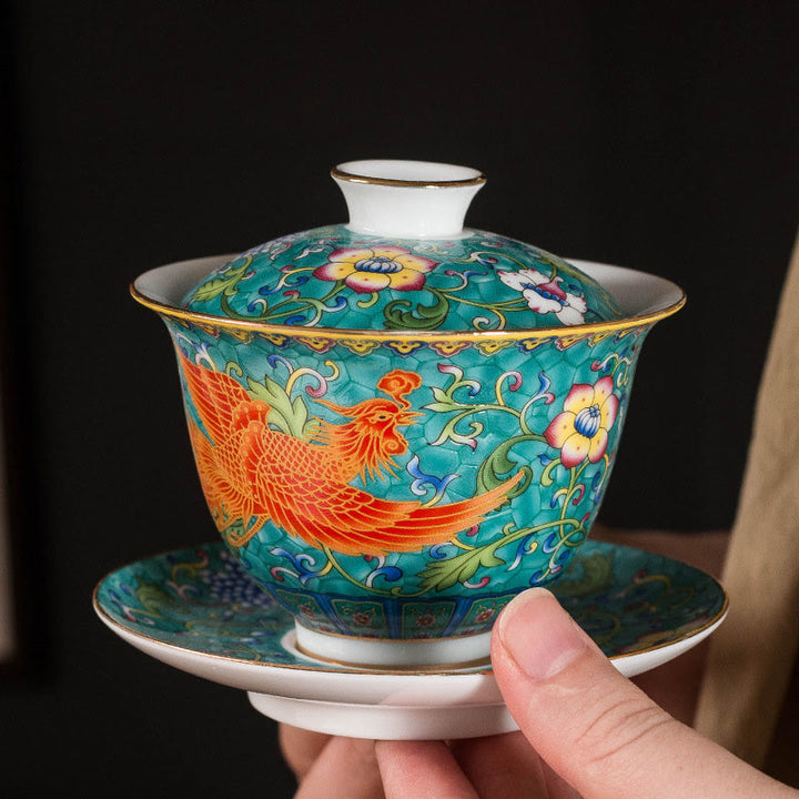 Buddha Stones Dragon Phoenix Flower Design Ceramic Gaiwan Sancai Teacup Kung Fu Tea Cup And Saucer With Lid