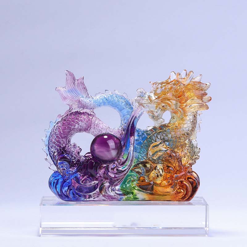 Buddha Stones Year of the Dragon Handmade Dragon Playing With Pearl Ingot Liuli Crystal Art Piece Protection Home Office Decoration