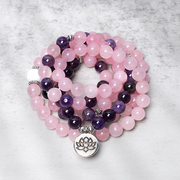 Buddha Stones Natural Rose Quartz & Amethyst Mala Bead Lotus Pendant Bracelet