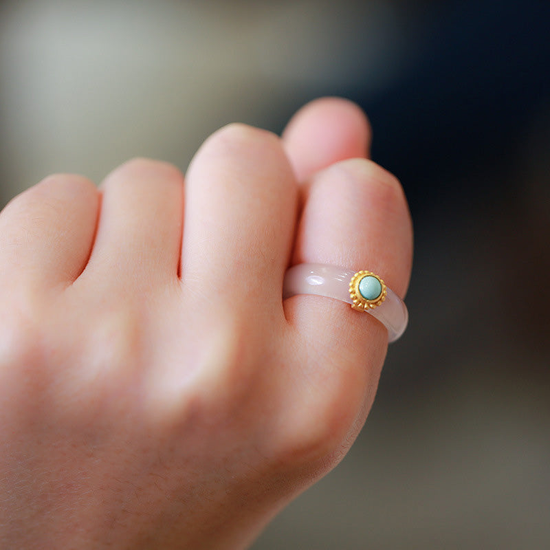 Buddha Stones White Agate Cyan Jade Turquoise Red Agate Luck Protection Ring