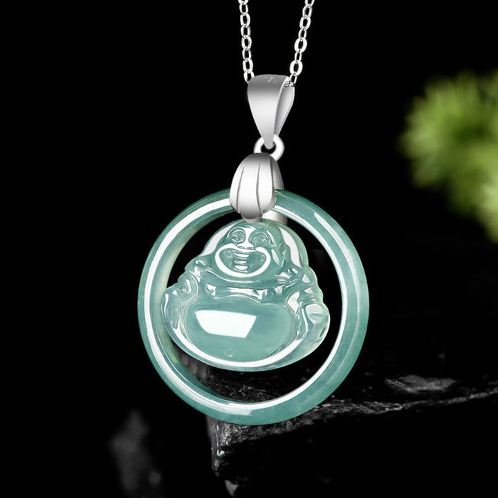 Buddha Stones 925 Sterling Silver Natural Jade Round Laughing Buddha Abundance Chain Necklace Pendant