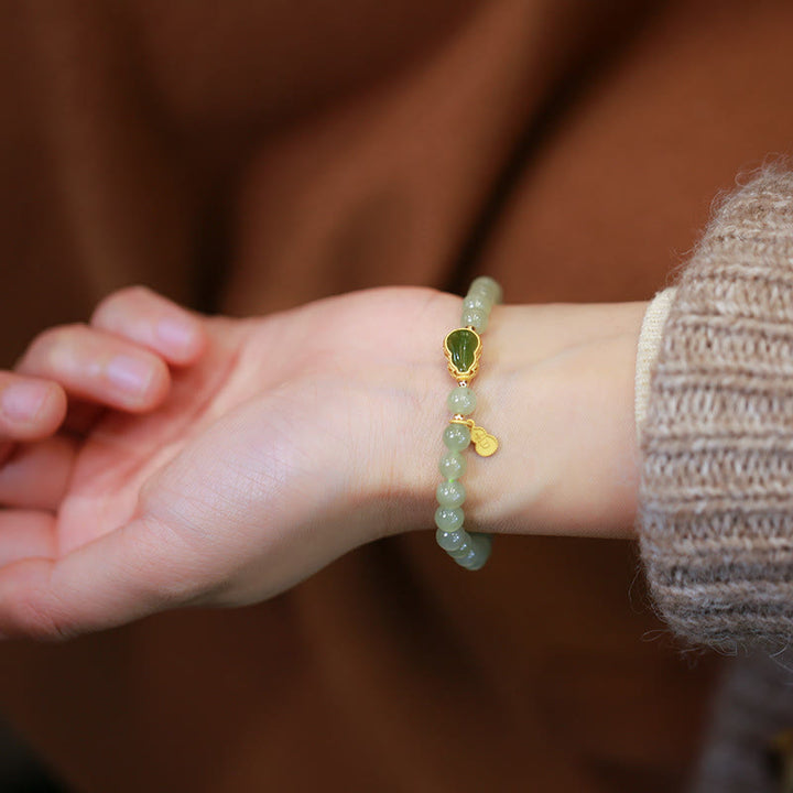 Buddha Stones 925 Sterling Silver Plated Gold Natural Hetian Jade Bead Gourd Lotus Bamboo Fu Character Luck Bracelet