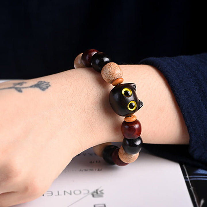 Buddha Stones Small Leaf Red Sandalwood Ebony Wood Cute Cat Engraved Protection Bracelet