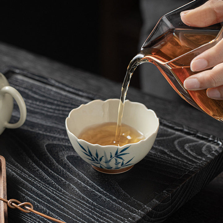 Buddha Stones Small Blue Bamboo Leaves Ceramic Teacup Kung Fu Tea Cup Bowl