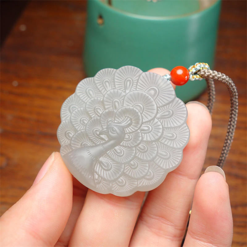 White Jade Peacock Protection Blessing Necklace Pendant