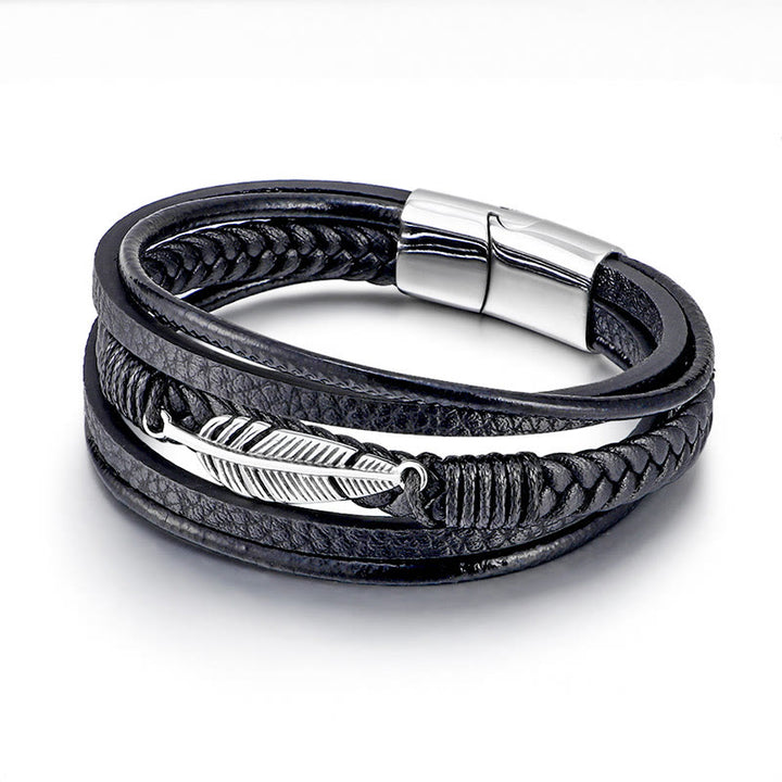 Buddha Stones Feather Pattern Multilayer Leather Titanium Steel Calm Braided Magnetic Buckle Bracelet