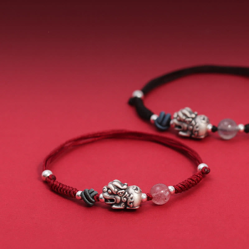 Buddha Stones 999 Sterling Silver PiXiu Strawberry Quartz Bead Wealth Luck Braided Bracelet