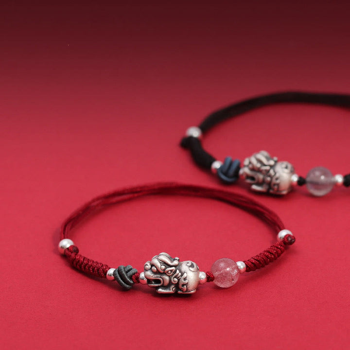 Buddha Stones 999 Sterling Silver PiXiu Strawberry Quartz Bead Wealth Luck Braided Bracelet