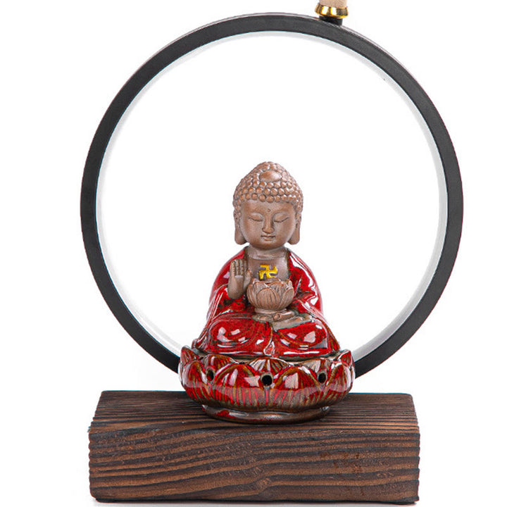 Buddha Stones Buddha Lotus Backflow Smoke Fountain Ceramic Blessing Incense Burner With Light Decoration