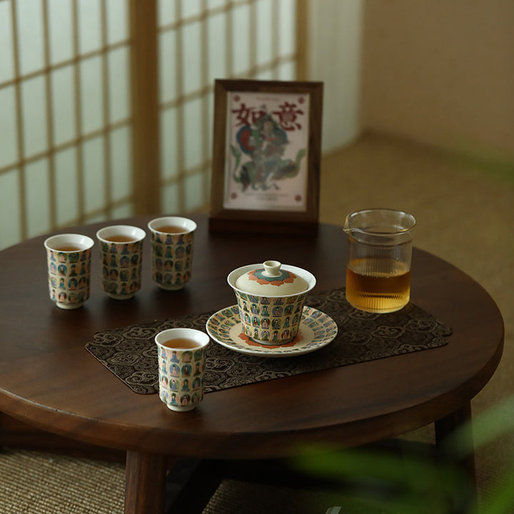 Buddha Stones Dunhuang Color Thousand Buddhas Flying Apsaras Pattern Gaiwan Teacup Kung Fu Tea Cup With Lid