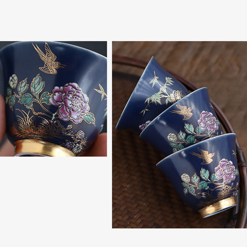 Buddha Stones Golden Magpie Peony Flower Ceramic Teacup Kung Fu Tea Cup