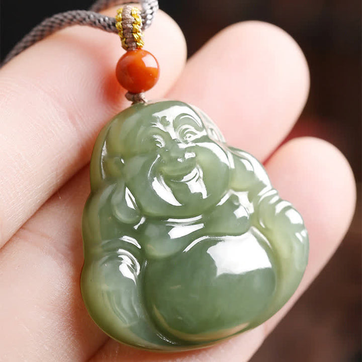 Laughing Buddha Hetian Jade Abundance Necklace String Pendant