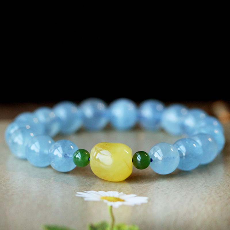 Natural Aquamarine Amber Beads Serenity Healing Bracelet