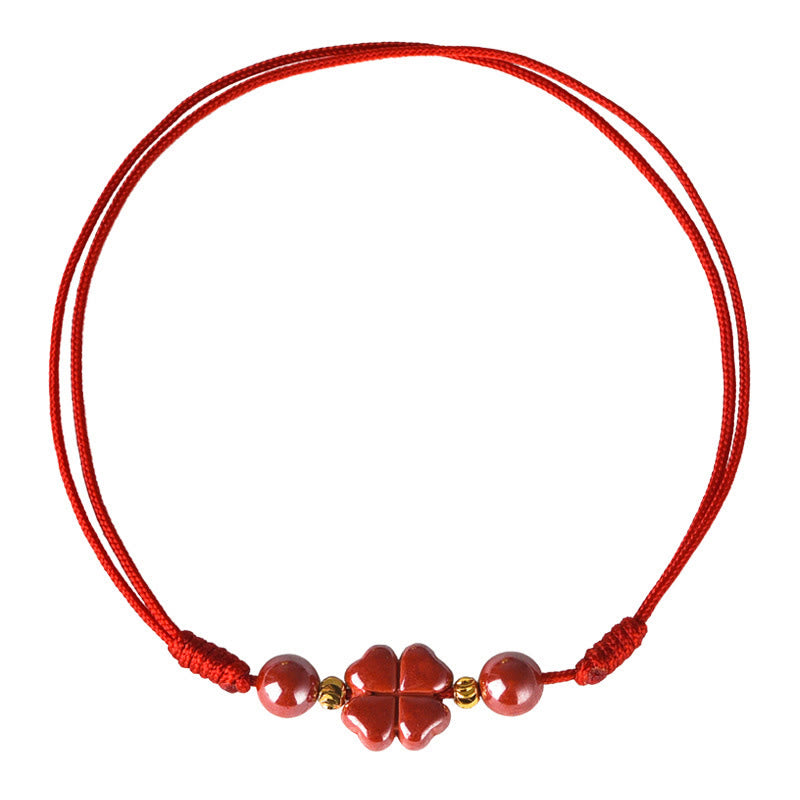 Buddha Stones Four Leaf Clover Cinnabar Blessing Calm String Bracelet Anklet