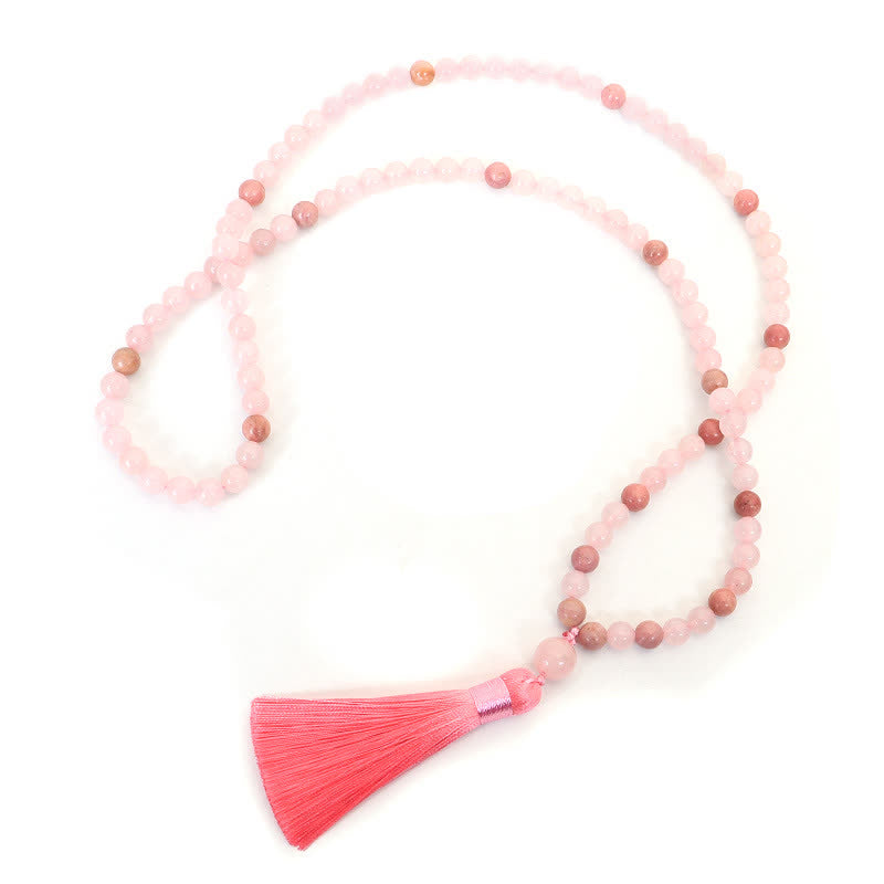 108 Mala Beads Pink Crystal Love Tassel Bracelet