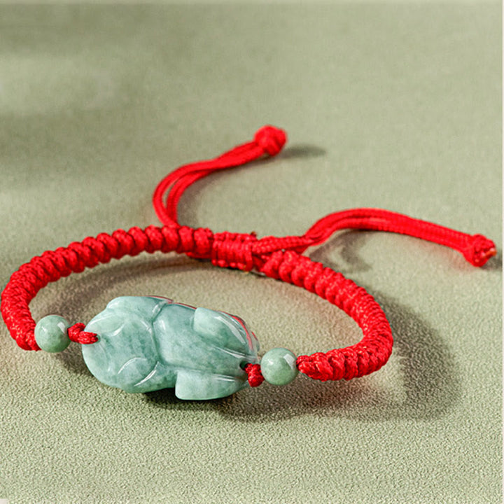 Buddha Stones Handmade Natural Jade PiXiu Protection King Kong Knot Braided String Bracelet