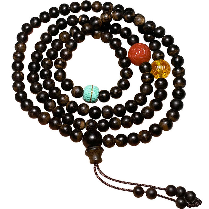 Buddha Stones Nha Trang Bai Qinan Agarwood Turquoise Amber Red Agate Strength Meditation Bracelet