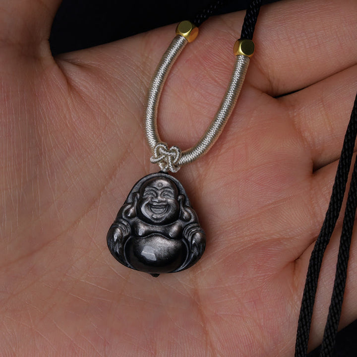 Buddha Stones Natural Silver Sheen Obsidian Laughing Buddha Protection Necklace Pendant