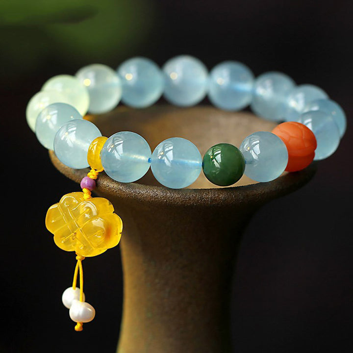 Natural Aquamarine Amber Chinese Knotting Charm Peace Bracelet