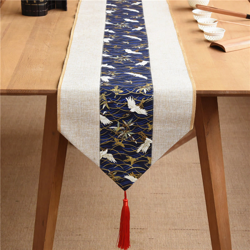 Buddha Stones Classic Chinese Style Lotus Koi Fish Flower Crane Calligraphy Enlightenment Cotton Linen Tassels Table Runner