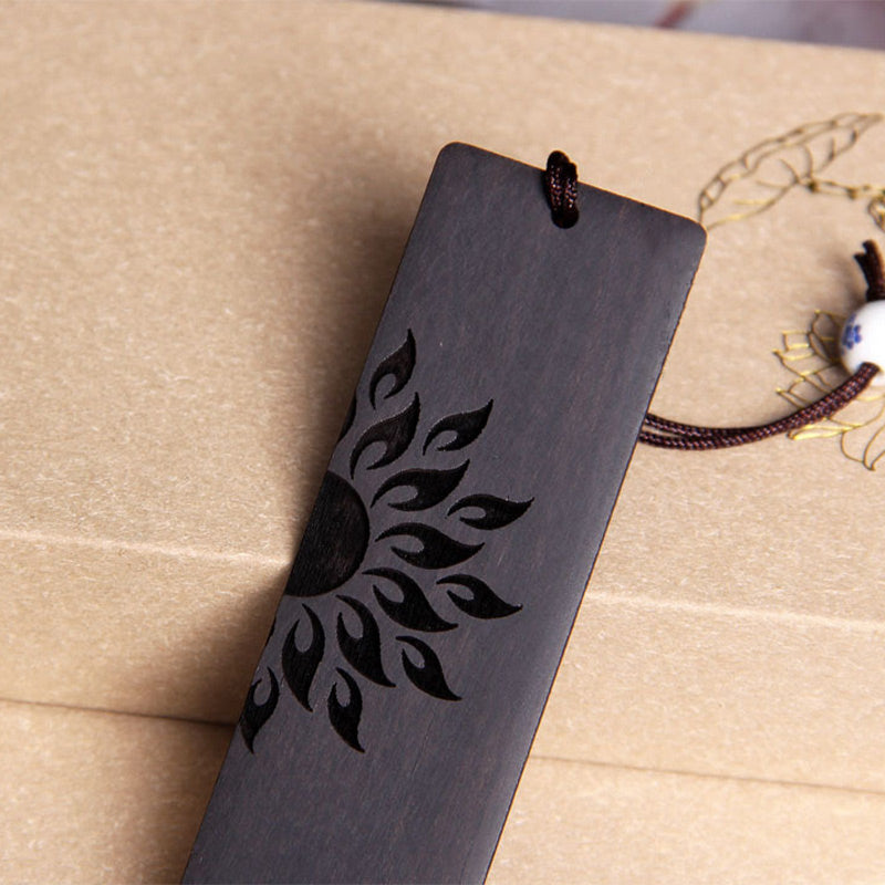 Buddha Stones Sun Tree Ebony Wood Small Leaf Red Sandalwood Bookmarks With Gift Box