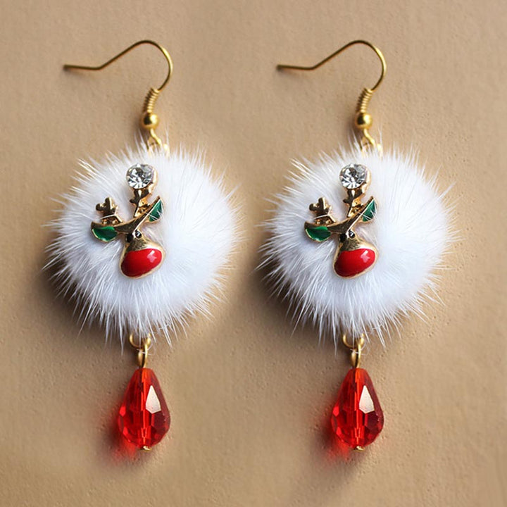 Christmas Santa Elk Fur Pom Pom Earrings