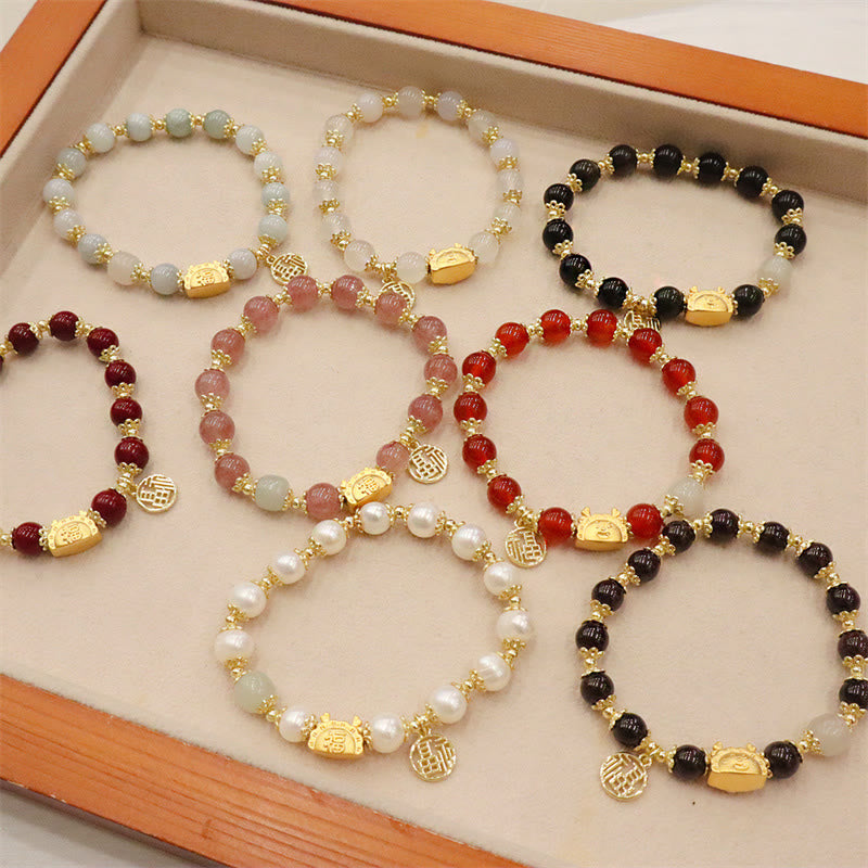 Buddha Stones Year Of The Dragon Red Agate Strawberry Quartz Black Obsidian Jade Garnet Pearl Cinnabar Dumpling Dragon Luck Fu Character Bracelet