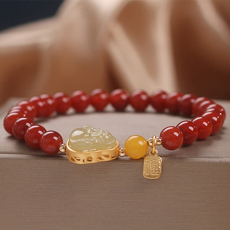 Buddha Stones Laughing Buddha Red Agate Jade Confidence Bracelet