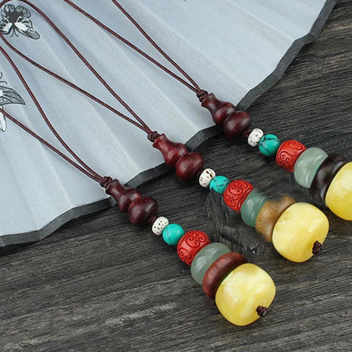 Green Sandalwood Ebony Wood Gourd Seven Layer Pagoda Positive Phone Hanging Decoration