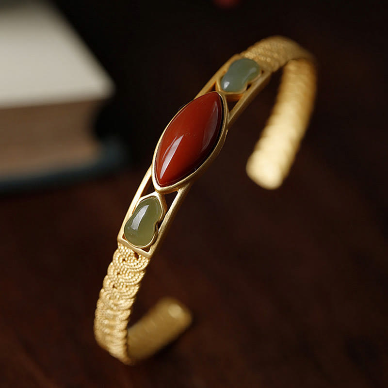 Buddha Stones Vintage Red Agate Jade Gourd Luck Bracelet Cuff Bangle