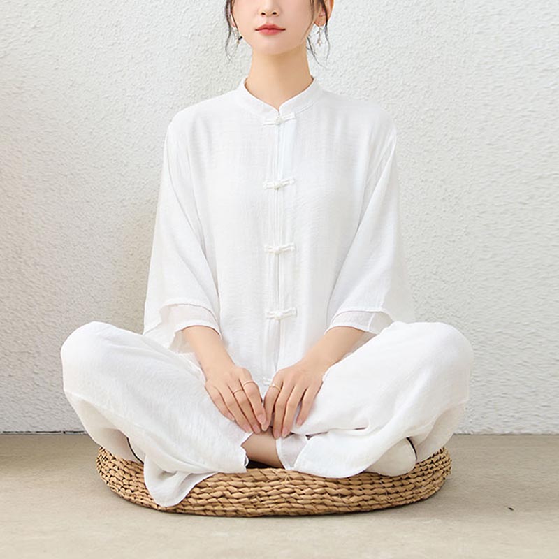 Buddha Stones 2Pcs Simple Chinese Frog Button Design Top Pants Meditation Yoga Zen Tai Chi Cotton Clothing Women's Set