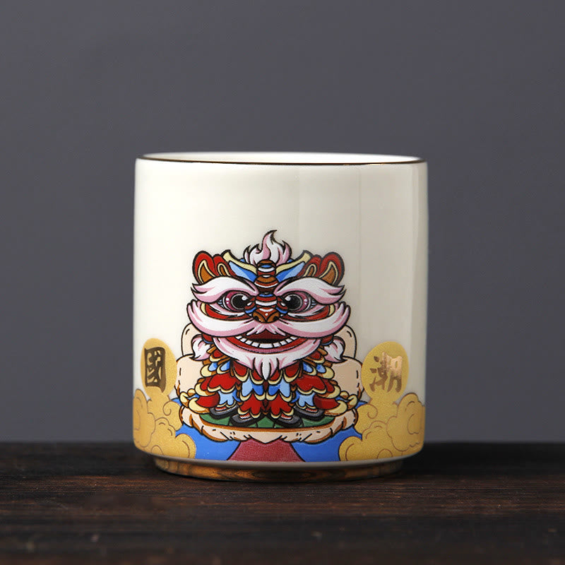 Buddha Stones Vintage Plum Blossom Pine Bamboo Phoenix Kirin Lion Dancing Ceramic Teacup Tea Cups