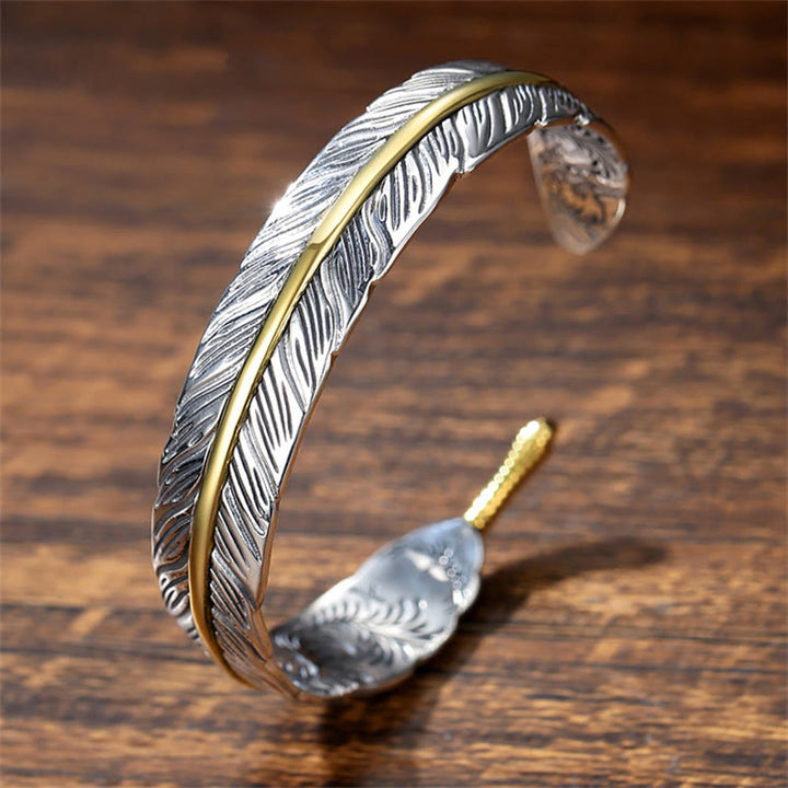 Buddha Stones Feather Pattern Carved Luck Wealth Cuff Bracelet Bangle