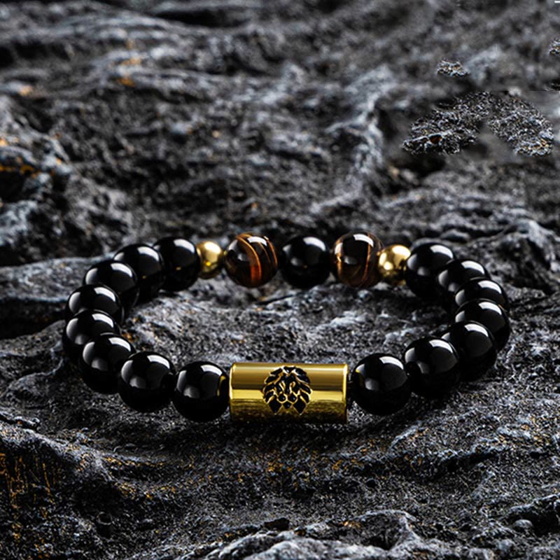 Buddha Stones Black Onyx Tiger Eye Bead Lion Engraved Protection Bracelet