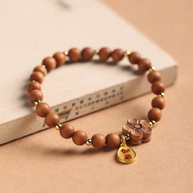 Buddha Stones Natural Sandalwood Peach Blossom Small Leaf Red Sandalwood Ruyi Charm Protection Bracelet