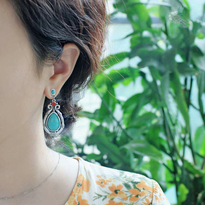 Tibet Vintage Turquoise Waterdrop Strength Drop Dangle Earrings Clips