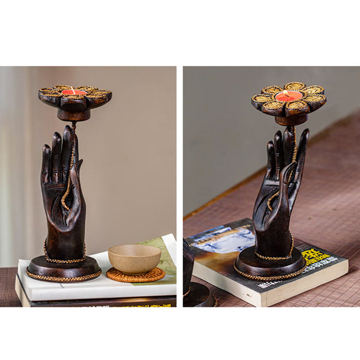 Buddha Stones Hand Pattern Wood Candlestick Home Candle Holder Decoration